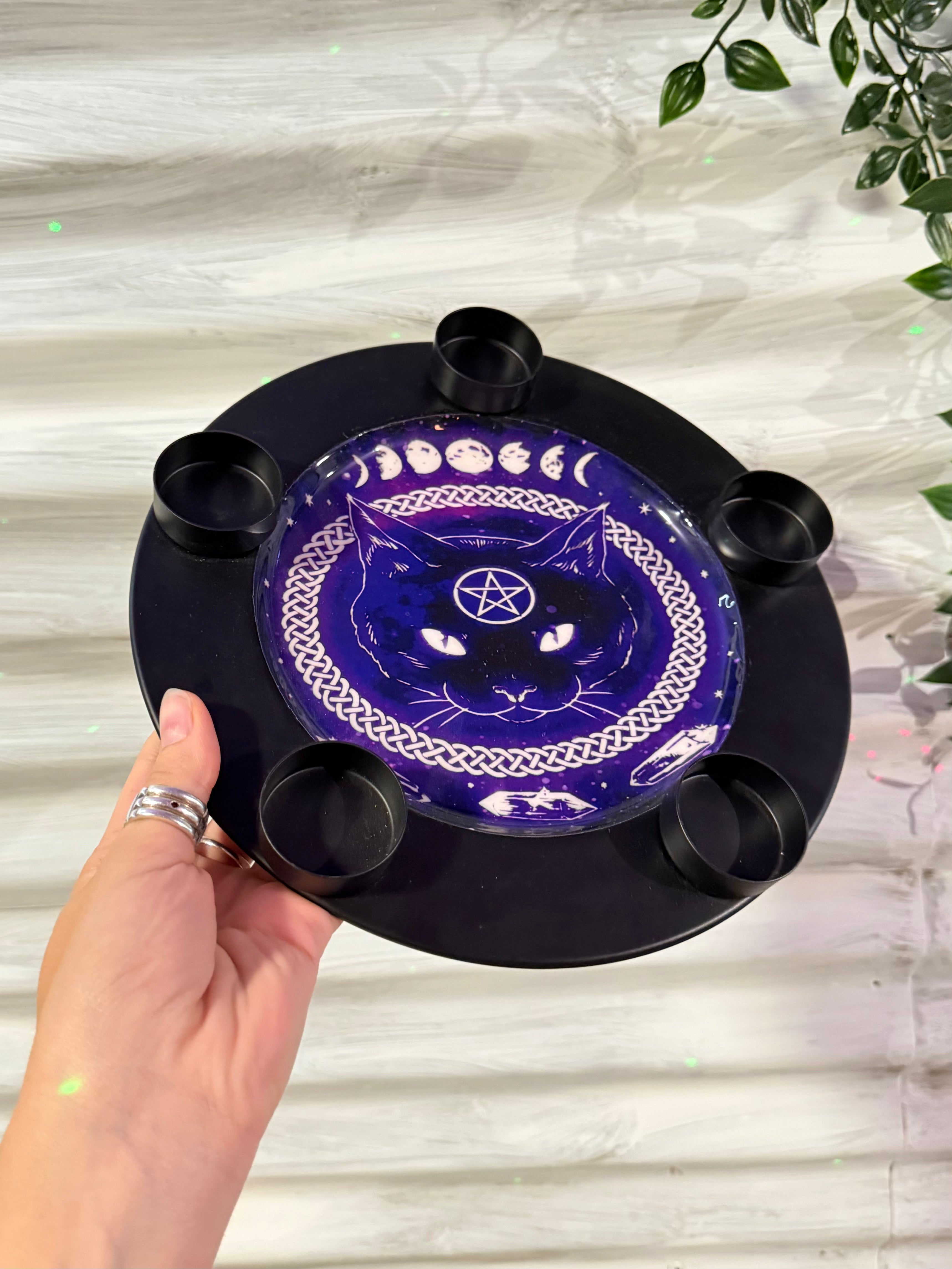 Portavelas Triple Luna con Gato Místico / Triple Moon Cat Candle Holder