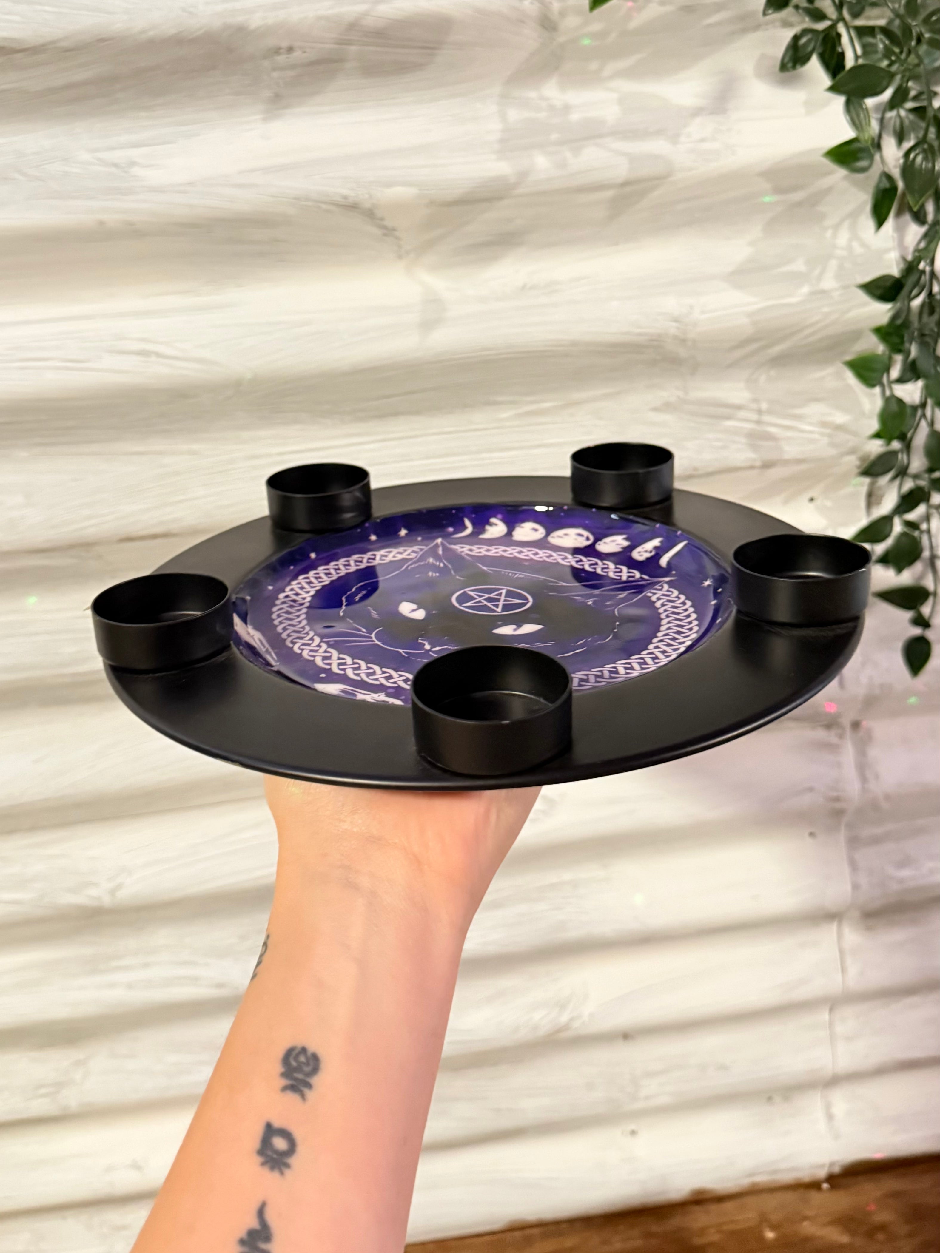 Portavelas Triple Luna con Gato Místico / Triple Moon Cat Candle Holder